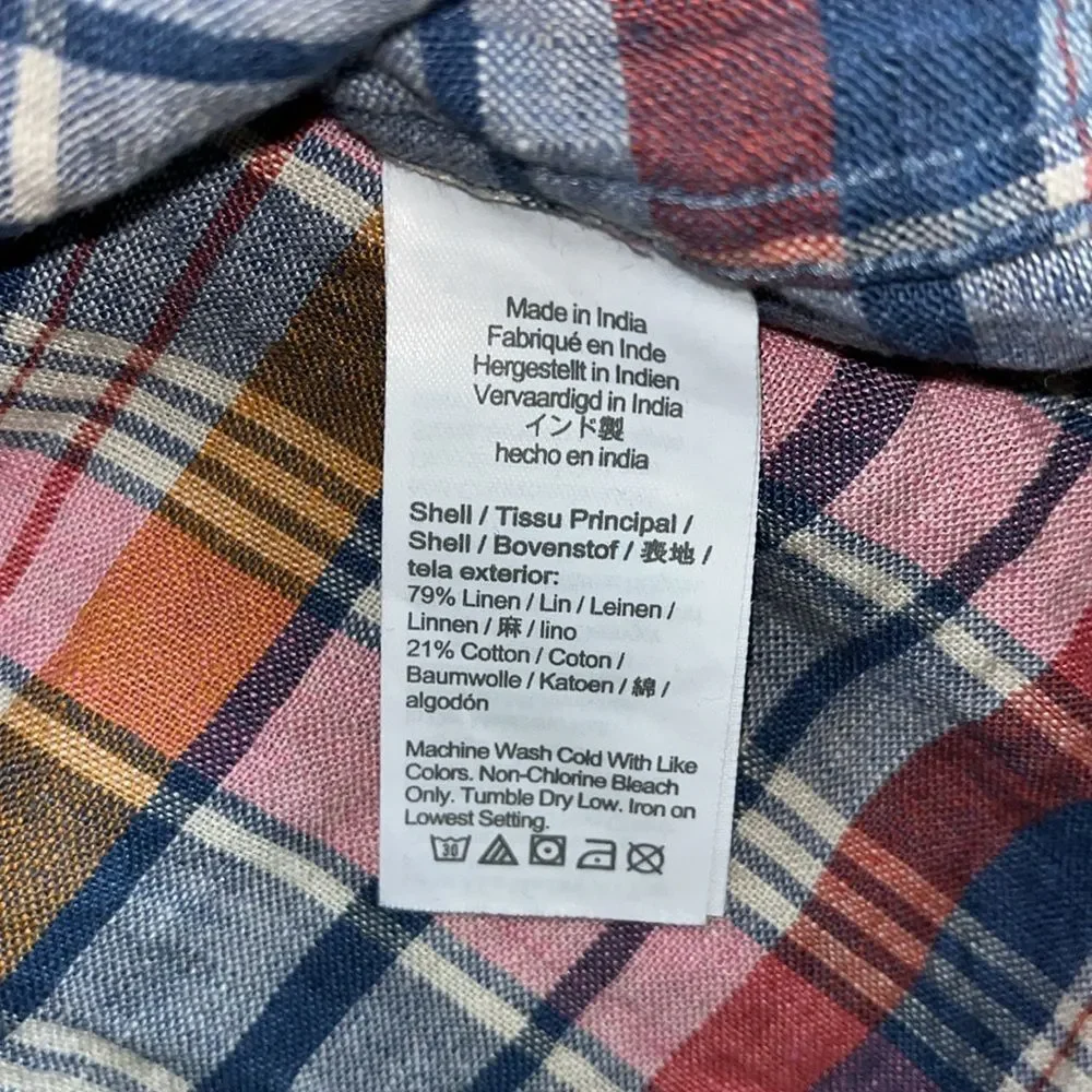 Pink & Blue Plaid Check Linen Blend J Crew SS shirt XL Slim mens summer casual